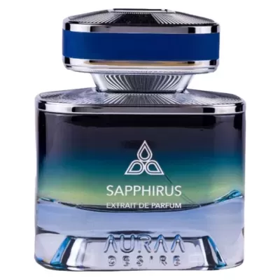 Frasco de perfume AurAa Desire Sapphirus Extrait de Parfum com vidro azul e verde gradiente