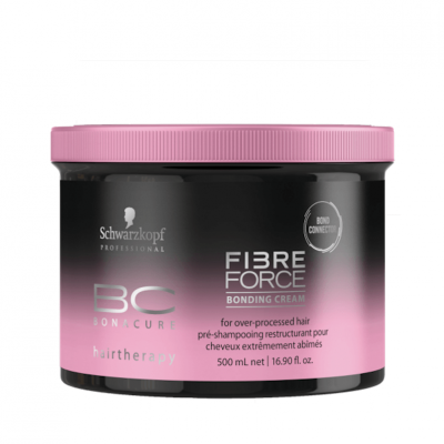 Frasco preto com tampa rosa de Schwarzkopf BC Bonacure Fibre Force Bonding Cream
