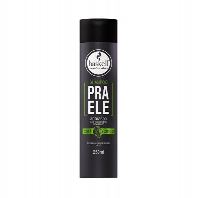 Frasco de shampoo preto Haskell com tampa preta e texto branco e verde
