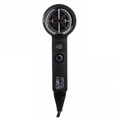 Secador de cabelo preto com grelha metálica e controlos