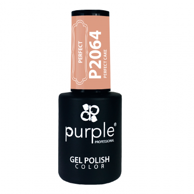 Frasco de verniz gel para unhas Purple Professional preto e salmão com texto P2064 PERFECT CAKE.