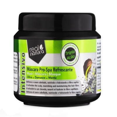 Frasco preto de máscara capilar Real Natura com rótulo verde e branco, ingredientes oliva, damasco e menta.