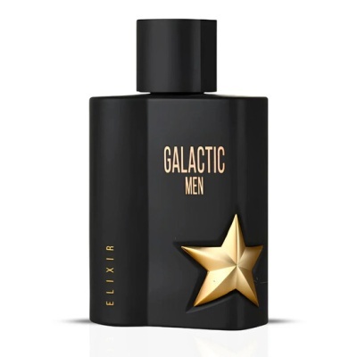 Frasco preto fosco de perfume Galactic Men com estrela dourada.