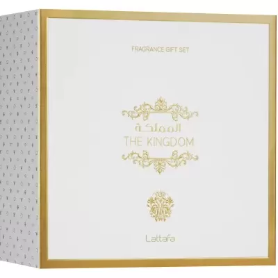 Caixa de presente de fragrâncias branca com texto dourado e decoração ornamental dourada