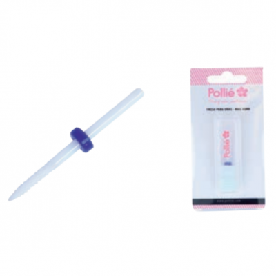 Palito de unha azul claro com parte roxa e embalagem Pollié com bisnaga pequena rosa