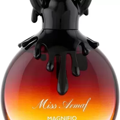 Frasco de perfume Miss Armaf Magnifiq com tampa preta e gradiente âmbar a vermelho