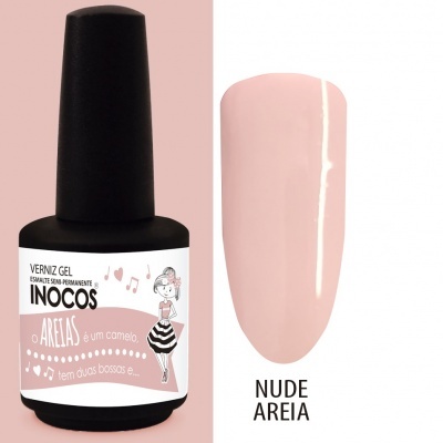 Verniz gel INOCOS cor nude areia com frasco preto e rótulo cor de areia