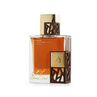 Frasco de perfume âmbar Simple Oud com tampa dourada e detalhes geométricos marrons