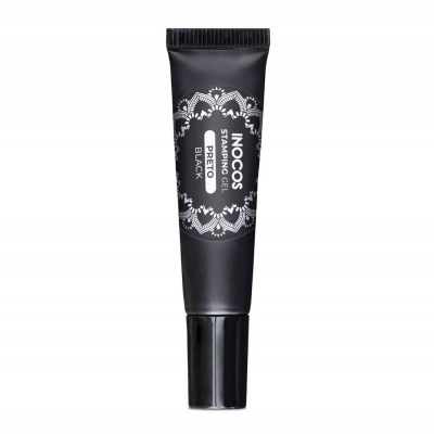 Tubo preto com tampa preta de produto cosmético Stamping Black Inocos e design de renda branca