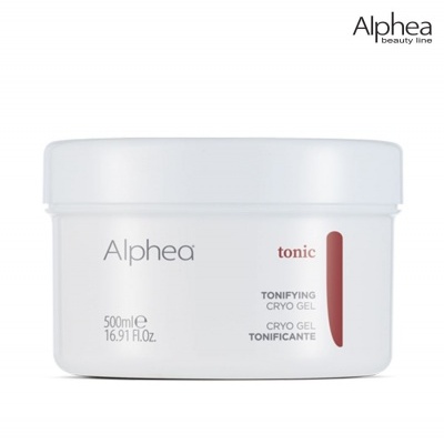 Frasco branco de gel tonificante Alpheia com texto em cinza e vermelho
