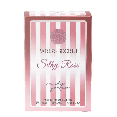 Embalagem de perfume Paris's Secret Silky Rose rosa com listas brancas