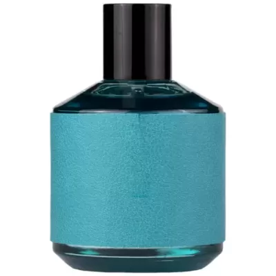 Frasco de perfume azul com rótulo azul turquesa e tampa preta