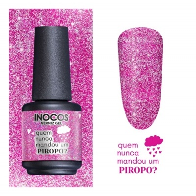 Frasco de verniz gel rosa brilhante da INOCOS com rótulo e amostra da cor