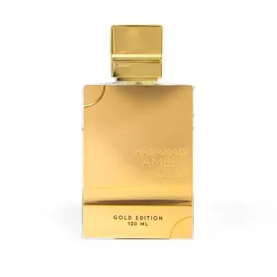 Frasco de perfume dourado com texto HARAMAIN AMBER OUD e GOLD EDITION 120 ML
