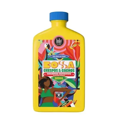 Frasco amarelo de shampoo Lola Bossa Crespos & Cachos com tampa azul e ilustração colorida
