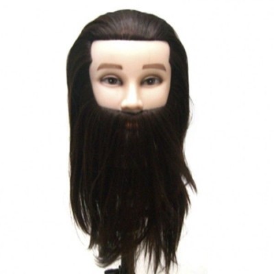 Cabeça de manequim com cabelo e barba castanhos longos em fundo branco