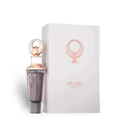 Frasco de perfume MUSE Parfum com caixa branca e logotipo dourado