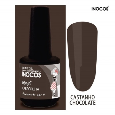 Frasco de verniz gel castanho chocolate da Inocos com amostra da cor