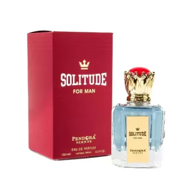 Frasco de perfume Solitude for Man ao lado da embalagem vermelha.