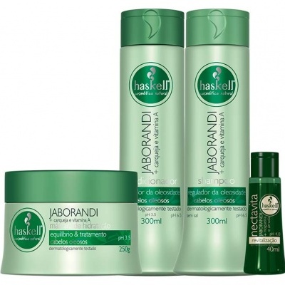 Conjunto de produtos capilares Haskell em embalagens verdes com rótulos brancos.