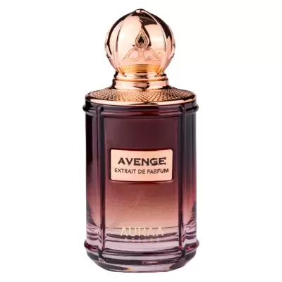 Frasco de perfume roxo com tampa dourada e etiqueta com texto