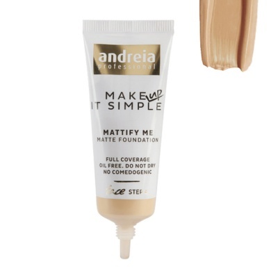 Tubo branco e bege de base mate da andreia professional com texto e tom de base creme ao lado