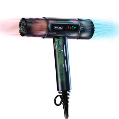 Secador de cabelo preto WAHL com detalhes transparentes e indicadores luminosos