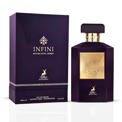 Frasco de perfume roxo com placa dourada e caixa roxa com texto INFINT INTOXICATING CHERRY