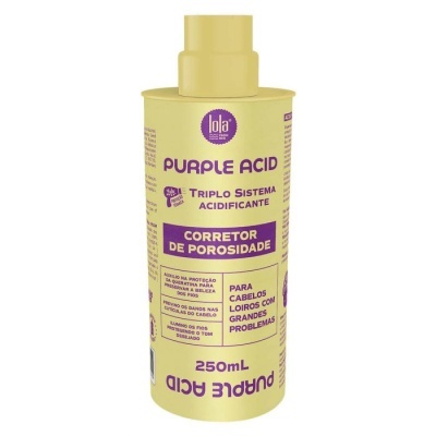 Frasco amarelo do produto Purple Acid com texto em roxo para cabelo loiro
