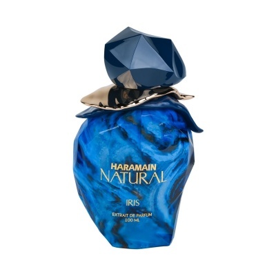 Frasco azul marmoreado de perfume Haramain Natural Iris com tampa geométrica e detalhes dourados