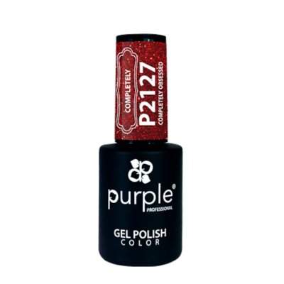 Frasco preto de verniz gel para unhas com tampa vermelha glitter e texto branco.