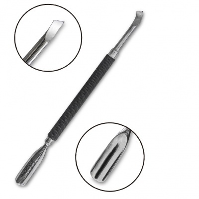 Espátula dupla de aço inoxidável com parte central preta texturizada.