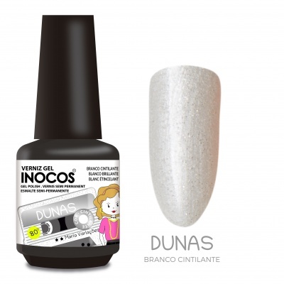 Frasco de verniz gel Inocos branco cintilante com amostra da cor