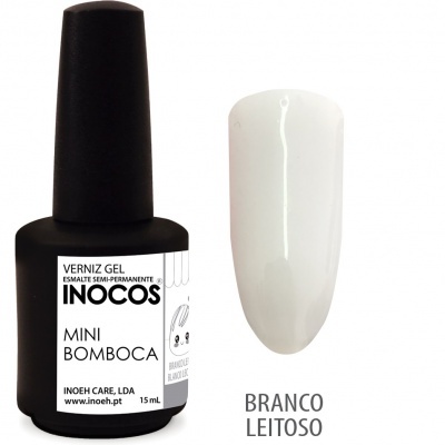 Verniz gel INOCOS Mini Bomboca 15 mL e amostra cor branco leitoso
