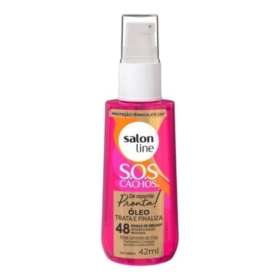 Frasco rosa translúcido com doseador branco e tampa transparente, produto Salon Line S.O.S Cachos óleo