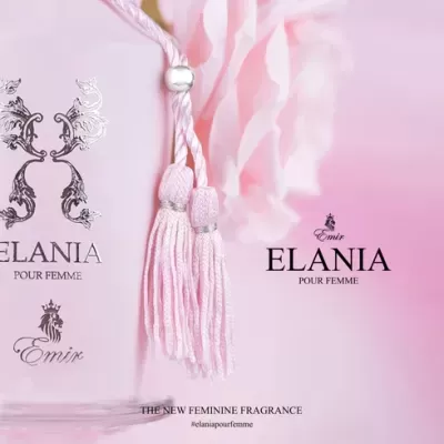 Frasco de perfume rosa claro com cordão e texto ELANIA POUR FEMME