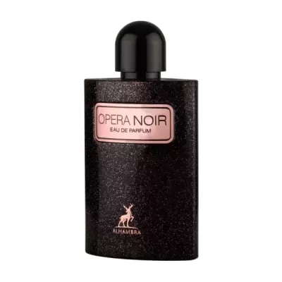 Frasco preto brilhante de perfume Opera Noir Alhambra com rótulo rosa