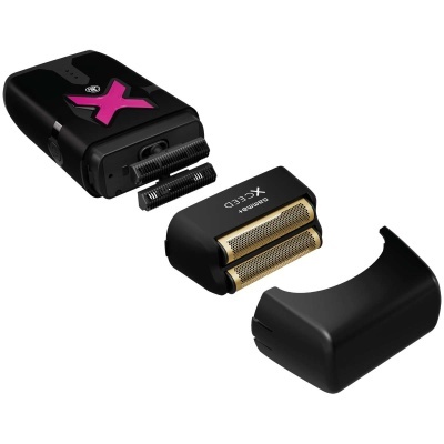 Aparelho de barbear elétrico preto com detalhes rosa e dourado e peças removíveis.