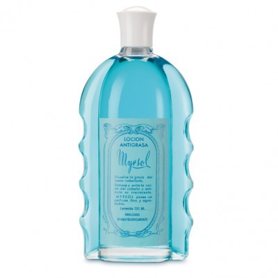 Loção antigrasa Myrsol em frasco azul com tampa branca