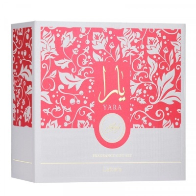 Caixa decorativa rosa e branca para conjunto de fragrância YARA Lattafa
