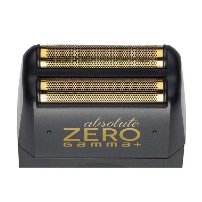 Cabeça de barbear elétrica dourada e preta com texto 'absolute ZERO gamma+'