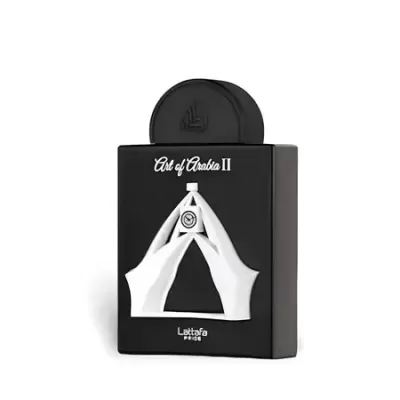 Frasco de perfume preto Lattafa Art of Arabia II com imagem de mãos na frente