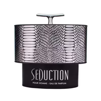 Frasco perfume Seduction Pour Homme Eau de Parfum com padrão preto e branco e tampa metálica