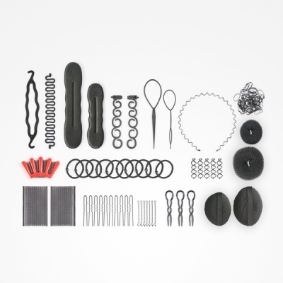 Acessórios variados para cabelo em preto e vermelho sobre fundo branco