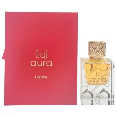 Frasco de perfume Lilol Aura da Lattafa com caixa vermelha e dourada