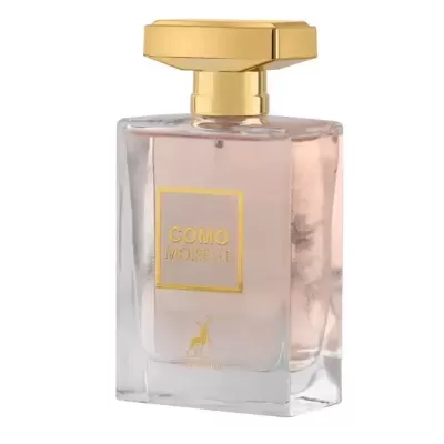 Frasco de perfume transparente com tampa dourada e líquido rosado