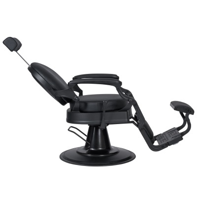 Cadeira de barbeiro preta com apoio de cabeça e pernas