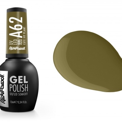 Verniz de gel para unhas verde oliva em frasco preto com etiqueta branca e dourada