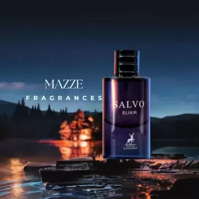 Frasco de perfume Mazze Fragrances Salvo Elixir em vidro roxo escuro com tampa preta