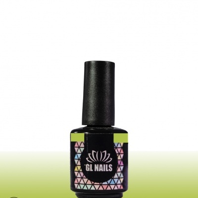 Frasco de verniz de unhas GL NAILS com rótulo geométrico colorido e tampa preta